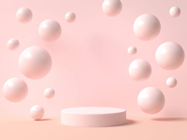 istock Cylinder podiums in cream pink colors with spheres around. Showcase, display case. 3d rendering. 1323158831