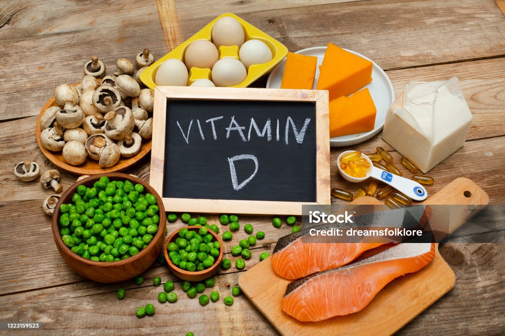 Foods rich in vitamin D Foods rich in vitamin D on a wooden table Vitamin D Stock Photo