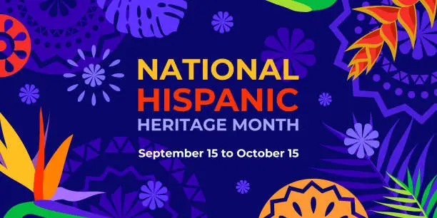 Vector illustration of Hispanic heritage month. Vector web banner, poster, card for social media, networks. Greeting with national Hispanic heritage month text, Papel Picado pattern, tropical plants on purple background.