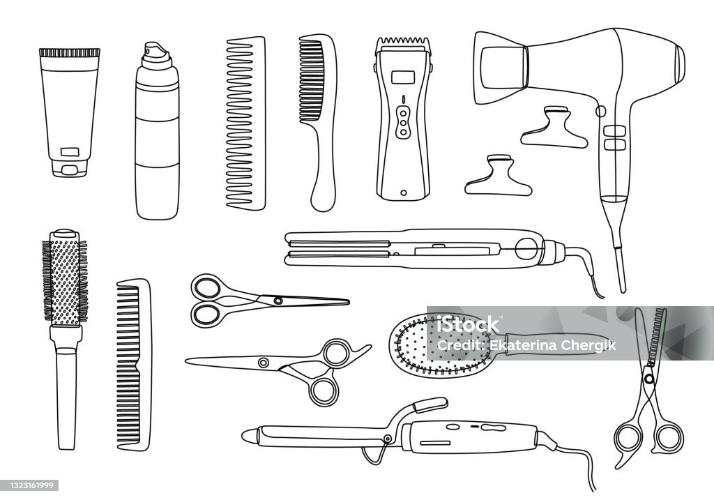 A Set Of Tools For Hairdressers Doodle Sketch Line Hair Salon Accessories  Scissors Hair Dryer Combs Clips Curling Ironshair Clippervector For  Business Card And Logo Design Stock Illustration - Download Image Now -