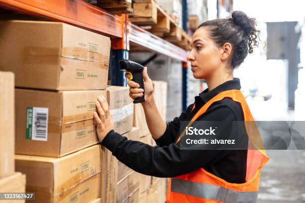 Woman Scanning Boxes With Bar Code Scanner In Warehouse Shelf Stock Photo - Download Image Now