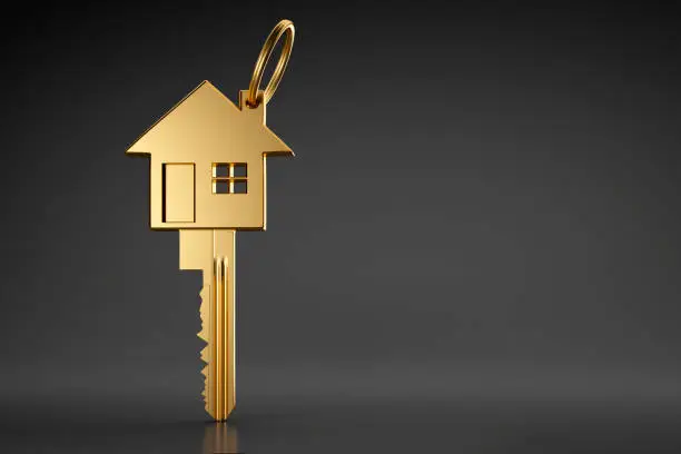 Golden house shaped key on dark background