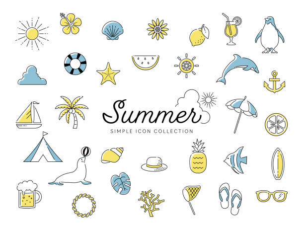 シンプルな線で描かれた夏のアイコン。ビーチ、海、自然、動物、花、果物など / 黄色と青のバージョン - 夏点のイラスト素材／クリップアート素材／マンガ素材／アイコン素材