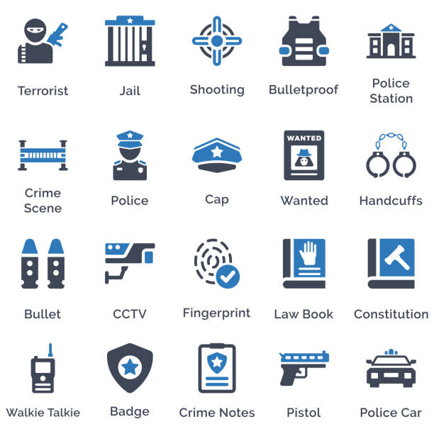 crime and investigation icon set 2 (blaue serie) - prison cell illustrations stock-grafiken, -clipart, -cartoons und -symbole