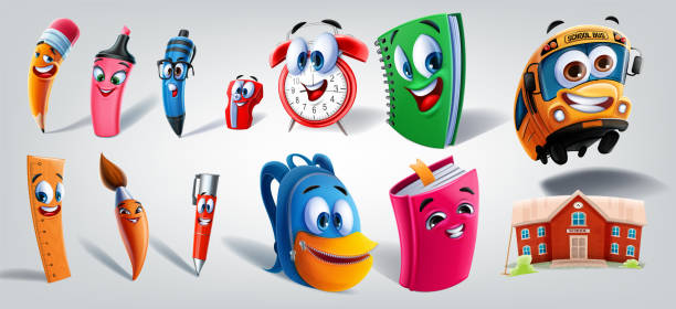 ilustrações de stock, clip art, desenhos animados e ícones de set of cartoon characters for back to school - bus school bus education cartoon