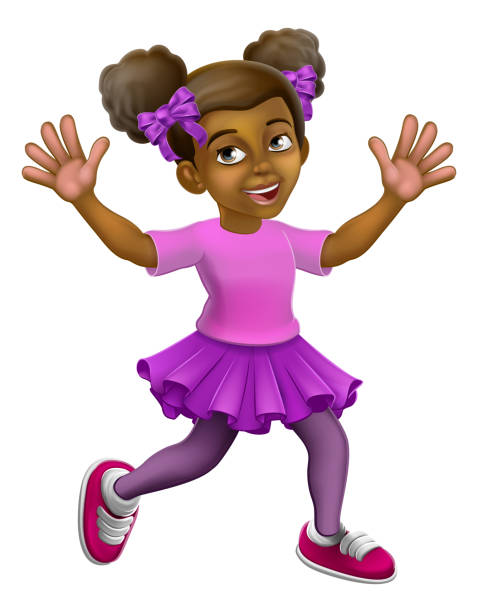 Happy Black Girl Cartoon Child Kid Waving Running A young happy black little girl cartoon child character kid waving and running. white background smiling minority african descent stock illustrations