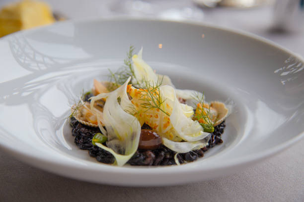 A beautifully plated gourmet seafood dish.