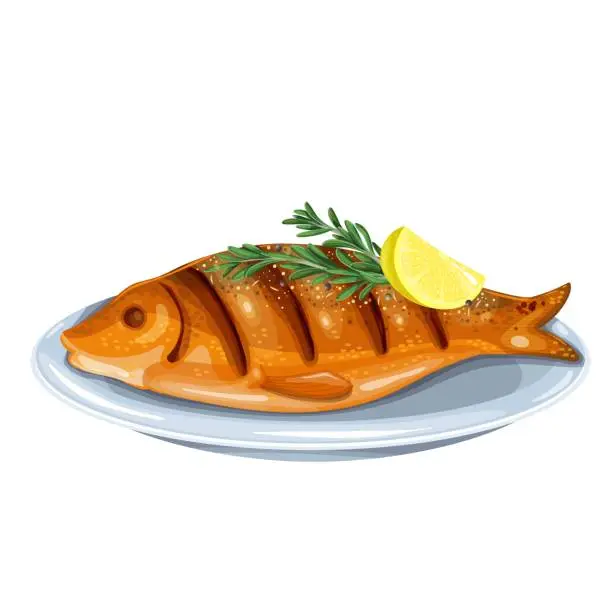 Vector illustration of Grilled fish with rosemary and lemon