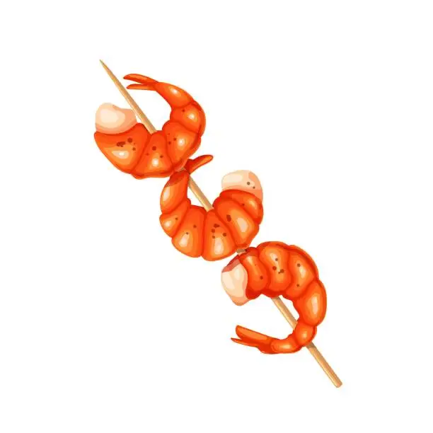 Vector illustration of Grilled shrimp on a skewer, roasted prawn