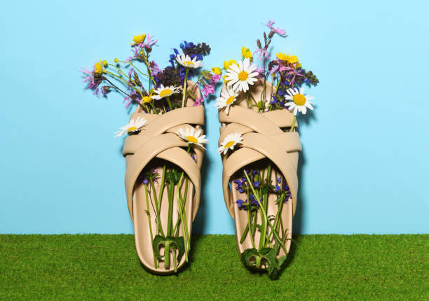 istock Female summer slippers with flowers 1323178736