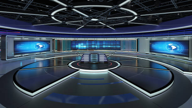 istock Virtual TV Studio News Set 31. Green screen background. 3d Rendering. 1323179523