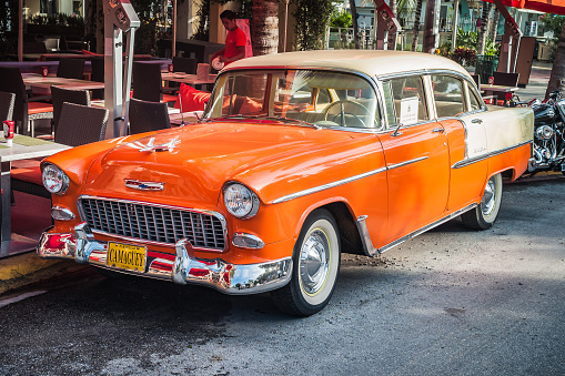 Miami, United States - July 7 2012: 1955 Chevrolet Chevy Bel Air 4 Door Sedan in Orange,  2400 C Series, Second Generation.