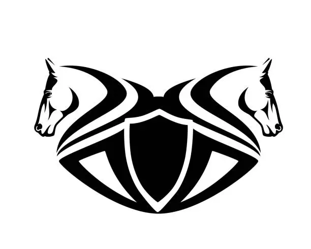 Vector illustration of two horse heads and shield emblem black vector design