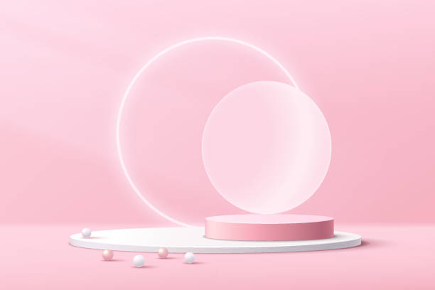 Sweet pink, white cylinder pedestal podium. Geometric shape platform. Circle neon backdrop. Minimal wall scene. Pastel color abstract room. Vector rendering 3d geometric shape for product presentation Sweet pink, white cylinder pedestal podium. Geometric shape platform. Circle neon backdrop. Minimal wall scene. Pastel color abstract room. Vector rendering 3d geometric shape for product presentation glass showroom stock illustrations