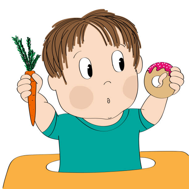 сомнительный маленький мальчик думает о еде, пытаясь решить, что есть - будь то здоровая или нездоровая пища - оригинальная нарисованная вру - overweight child little boys diabetes stock illustrations