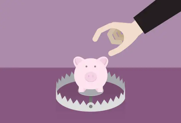 Vector illustration of Businessman picks a piggy bank in a trap