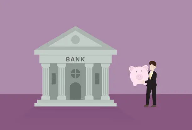 Vector illustration of A businessman with a piggy bank goes to a bank