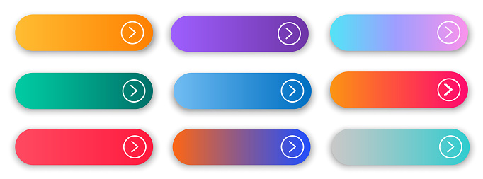 Web buttons flat design template with color gradient and thin line outline style. Vector isolated rectangular rounded web page next arrow button elements set on white