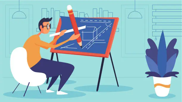 Vector illustration of Man architect working on architecture project with drawing board
