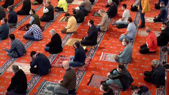 Muslim worshippers prayed in the Hisar Mosque in Izmir, in Turkey under of coronavirus measures, paying attention to isolation during the first Friday prayer of the Ramadan on April 16, 2021.
