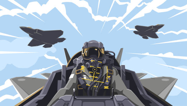 Pilot View from the aircraft cockpit on the pilot. Aircraft-fighter cockpit overview. Aerobatic team in the air. A new generation military fighter. Pilot of the future. Vector illustration, EPS 10 jet stock illustrations
