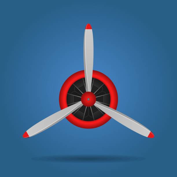 istock Plane blade propeller isolated on blue background. Vintage airplane propeller with radial engine. Turbine icon, fan blade, wind ventilator, equipment generator. Vector illustration 1323190655