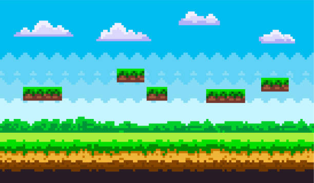 Pixel art game background, scene with green grass and ground platforms against blue sky with clouds Pixel-game background. Pixel scene with green grass and ground platforms against blue sky with clouds, pixelated template for computer game or application. Flat nature landscape vector illustration pixel sky background stock illustrations