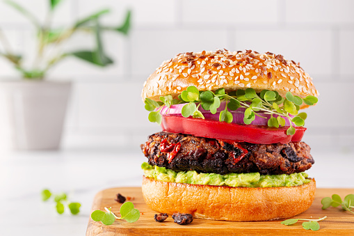 Plant based black bean burger  in a light and bright environment