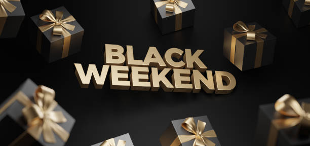 istock 3d rendering of Black Weekend Super Sale. Realistic black week gifts boxes. Pattern with black gift box. Dark background golden text lettering. Horizontal banner, poster, header website. 1323195528