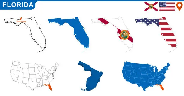 Vector illustration of USA state Of Florida's map and Flag.