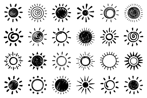 Set of vector hand drawn sun icons.