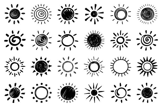 Sun icons Set of vector hand drawn sun icons. frame outline silhouette stock illustrations