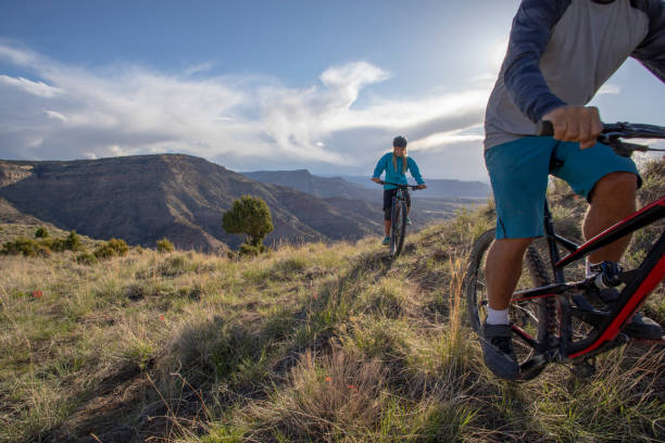 istock Mountain bikers follow trail along mountain ridge 1323200458
