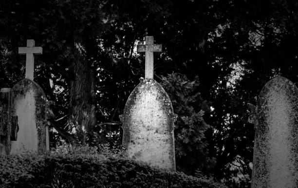 vieilles tombes dans un cimetière - cemetery crossing green grass photos et images de collection