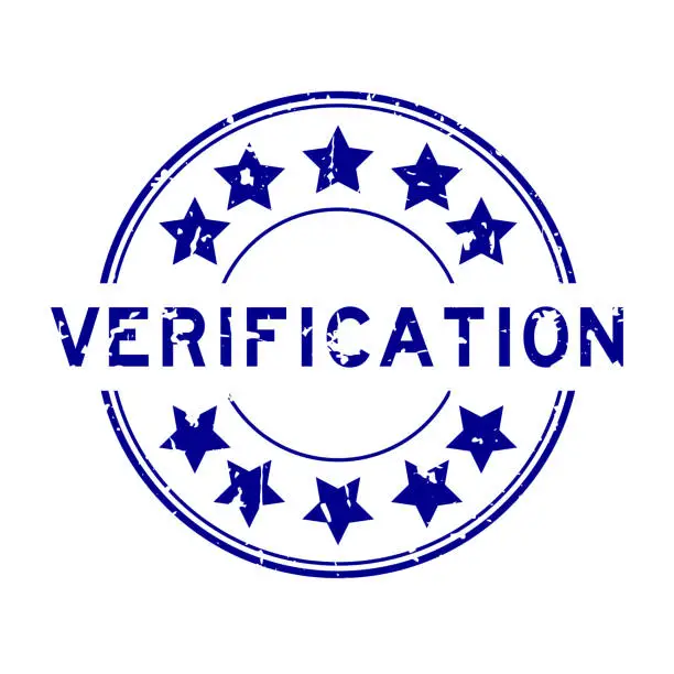 Vector illustration of Grunge blue verification word with star icon round rubber seal stamp on white background