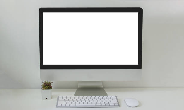 istock computer desktop mock up and mouse Cactus white blank screen on table. Used to advertise text on the computer screen. 1323202346