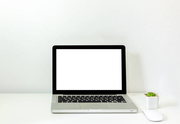 istock computer laptop mock up and mouse Cactus white blank screen on table. Used to advertise text on the computer screen. 1323202348