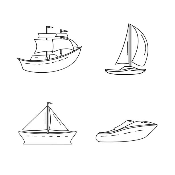 ilustraciones, imágenes clip art, dibujos animados e iconos de stock de vehículo del sistema en la línea arte marina - sailing ship industrial ship horizon shipping