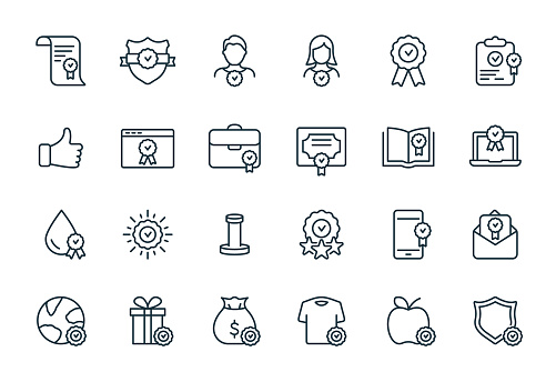 Quality Control and Check Mark Linear Icons Set. Food, Clothes, Water Certification Procedure, Inspection, Certification, Approval, Confirmation Icons. Editable stroke. Vector illustration.
