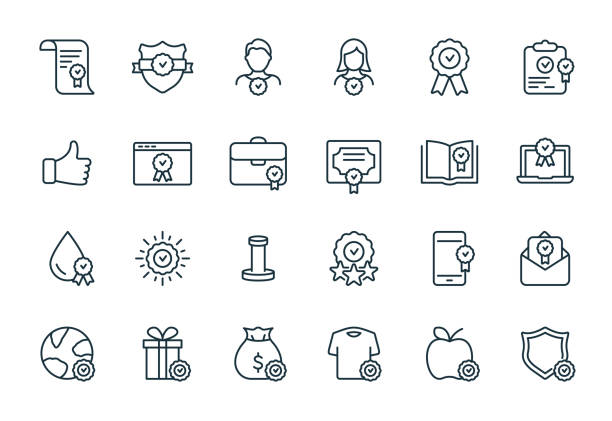 Quality Control and Check Mark Linear Icons Set. Food, Clothes, Water Certification Procedure, Inspection, Certification, Approval, Confirmation Icons. Editable stroke. Vector illustration Quality Control and Check Mark Linear Icons Set. Food, Clothes, Water Certification Procedure, Inspection, Certification, Approval, Confirmation Icons. Editable stroke. Vector illustration. quality stock illustrations