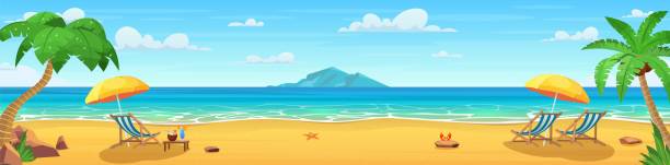 Summer tropical beach with sun loungers Landscape of wooden chaise lounge, umbrella, table with coconut and cocktail on beach, mountains . Seaside landscape, nature vacation, ocean or sea seashore. Vector illustration in flat style beach stock illustrations