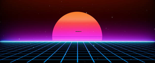 istock Retro style 80s Sci-Fi Background Futuristic with laser grid landscape. Digital cyber surface style of the 1980s. 3D illustration. For banner 1323206047