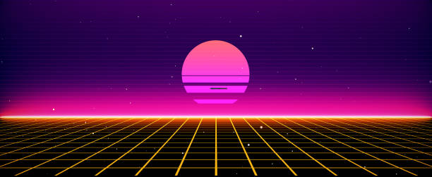 istock Retro style 80s Sci-Fi Background Futuristic with laser grid landscape. Digital cyber surface style of the 1980s. 3D illustration. For banner 1323206054