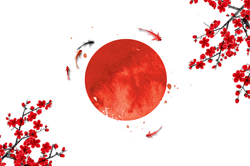 Sakura flowers, little koi carp fishes and big red sun, symbol of Japan. Traditional Japanese ink wash painting sumi-e