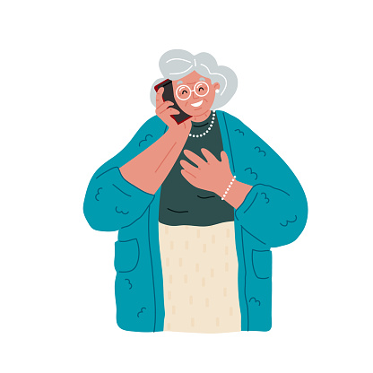 Grandmother in glasses talking on the mobile phone.Granny using cellular.Happy old woman take a call with her smartphone on white background.Call your mother.Vector flat illustration