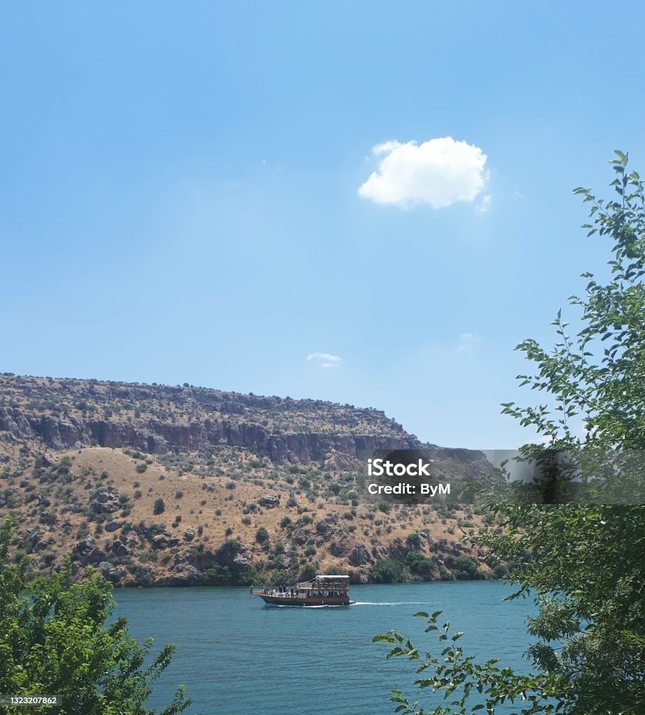 Gaziantep Rumkale Euphrates River Boats and Mountains 2015 Stock Photo