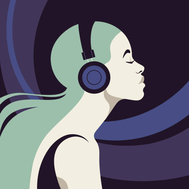 bildbanksillustrationer, clip art samt tecknat material och ikoner med profilen på en ung kvinna lyssnar på musiken i hörlurarna. musikeravataren. - woman headphones