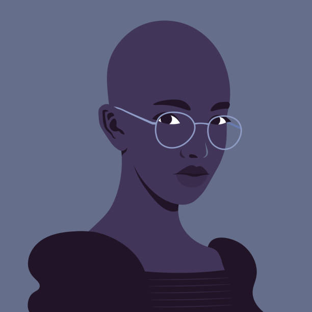 ilustrações de stock, clip art, desenhos animados e ícones de portrait of a smart african woman in half-turn with eyeglasses. - mulher careca