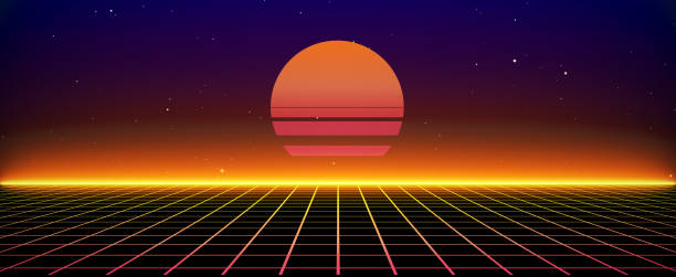 istock Retro style 80s Sci-Fi Background Futuristic with laser grid landscape. Digital cyber surface style of the 1980s. 3D illustration. For banner 1323209990