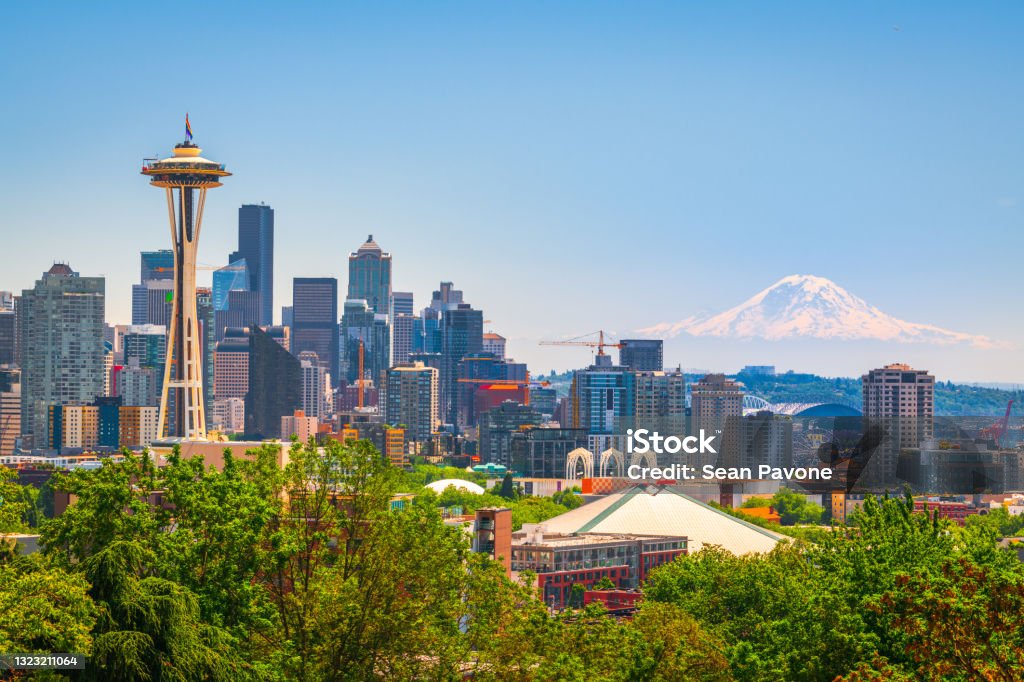 Seattle, Washington, USA Downtown Skyline with Mt. Rainier. Seattle, Washington, USA downtown skyline with Mt. Rainier. Seattle Stock Photo